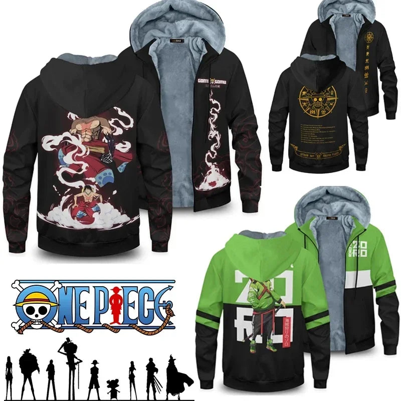 ONE PIECE Zoro Luffy Men Hoodies Anime Printed Hooded Sweatshirts Y2K Streetwear Hip Hop Thickened Zipper Up Loose Jacket Coats