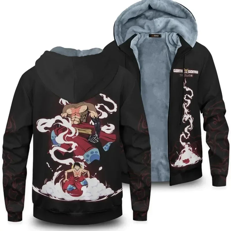 ONE PIECE Zoro Luffy Men Hoodies Anime Printed Hooded Sweatshirts Y2K Streetwear Hip Hop Thickened Zipper Up Loose Jacket Coats